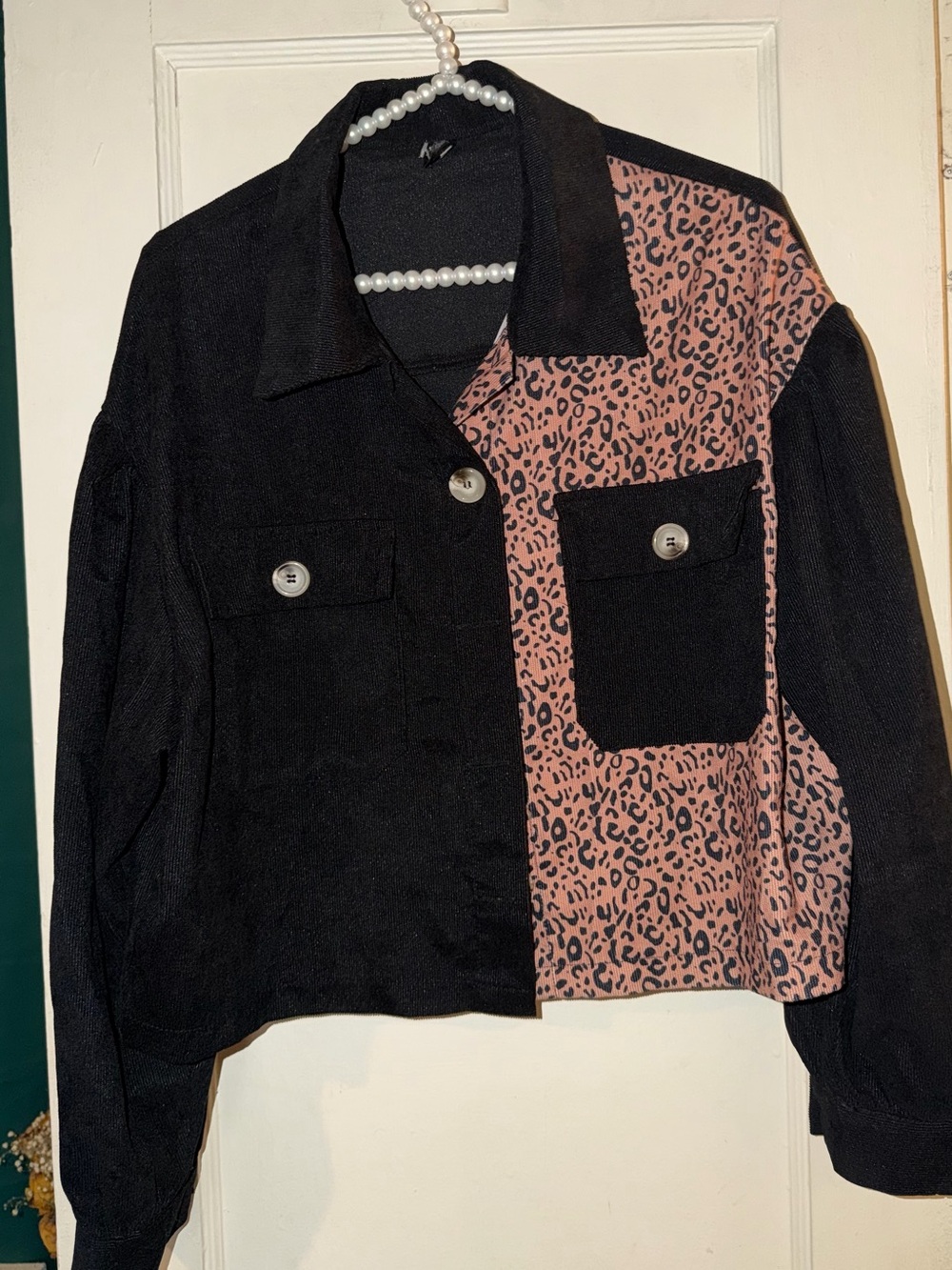 SHEIN Black Jacket with Mauve Leopard Panel - Women